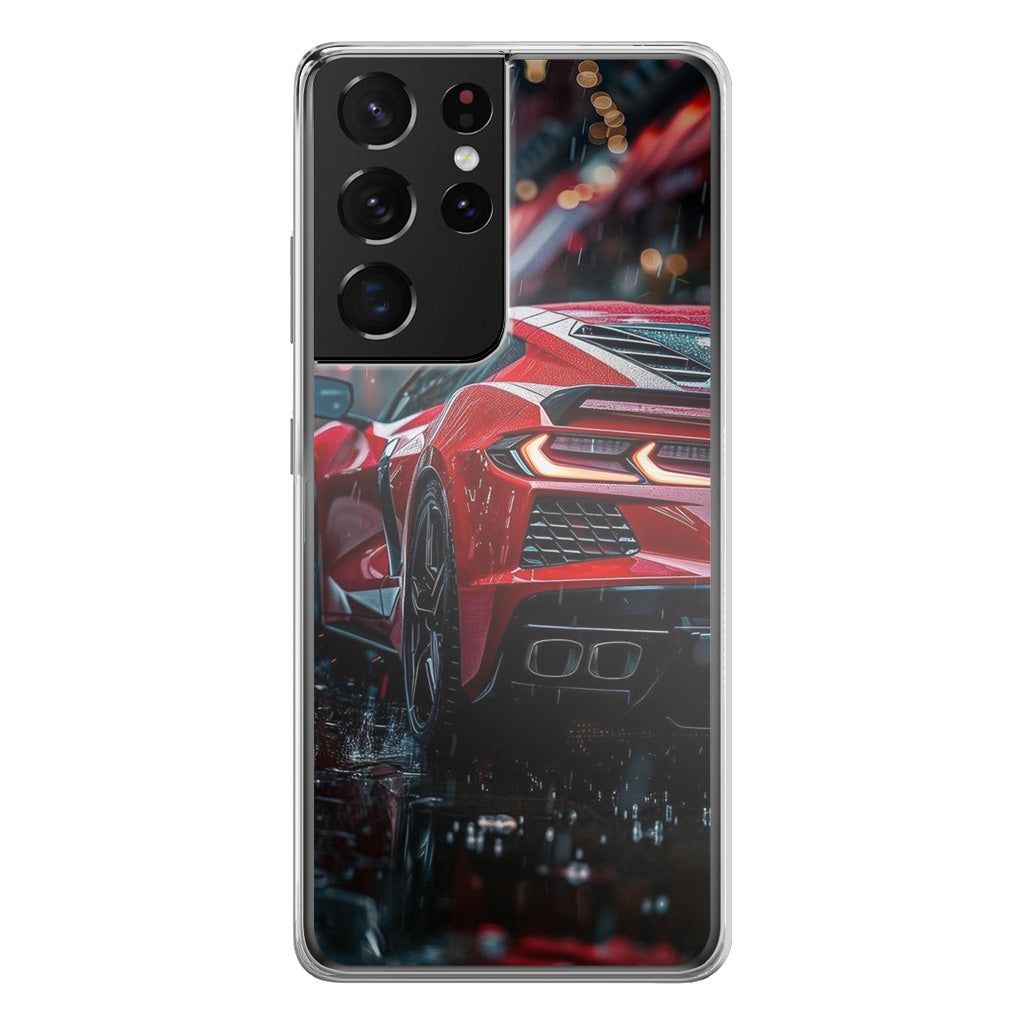 Red Sport Car in the Rain Samsung Galaxy S21 Ultra Case