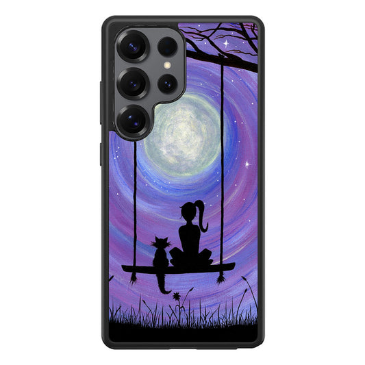 Girl Cat and Moon Samsung Galaxy S25 Ultra Case