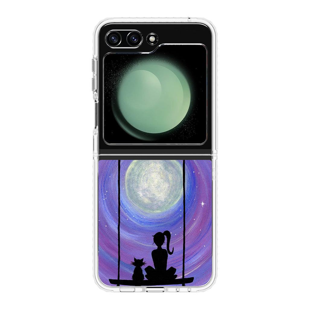 Girl Cat and Moon Samsung Galaxy Z Flip 5 Case