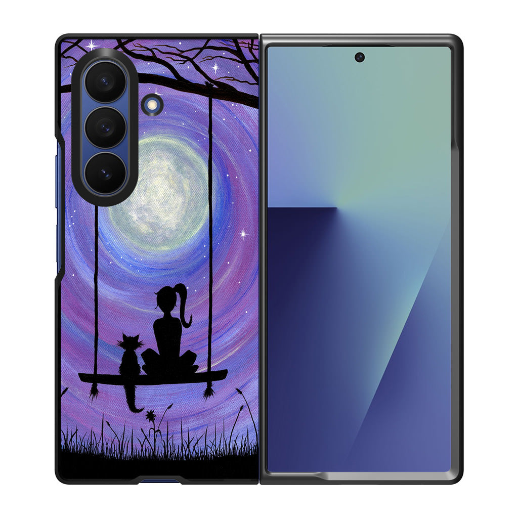Girl Cat and Moon Samsung Galaxy Z Fold 7 Case