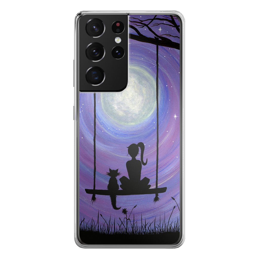 Girl Cat and Moon Galaxy S21 Ultra Case